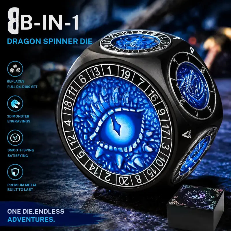 8-in-1 Heavyweight Metal Spinner Dice Set, 60mm Polyhedral Dice with 3D Monster Engravings