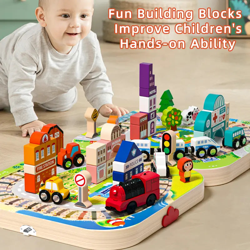 Wooden Track City Blocks Set with Magnetic Trains and Geometric Building Kits for Kids