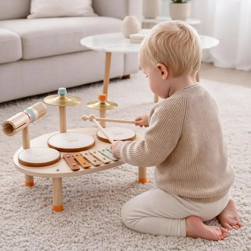 4-in-1 Wooden Drum Set with Xylophone - Montessori Musical Instruments for Toddlers