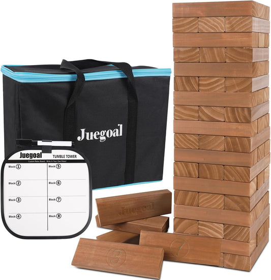 54 Piece Giant Tumble Tower Brown Wooden Block Stacking Game with Gameboard & Canvas Bag