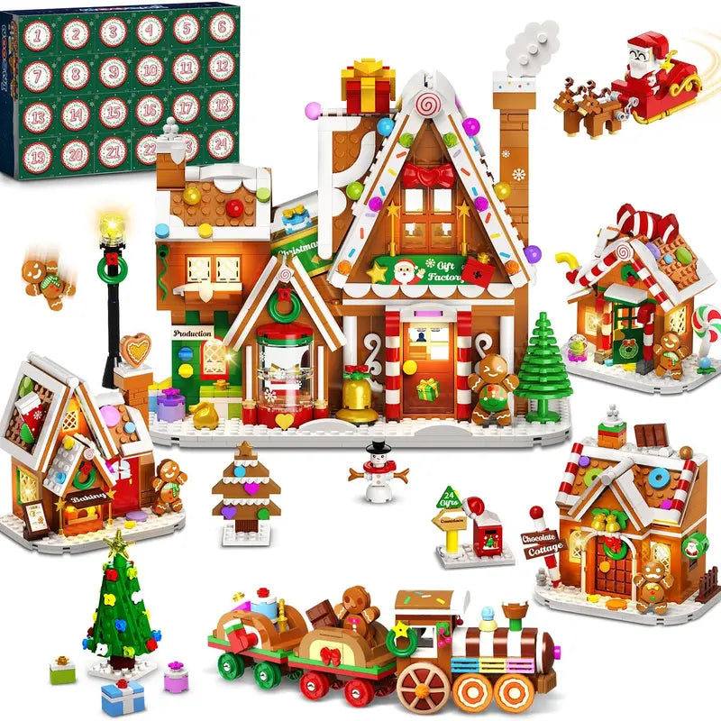 Advent Calendar 2026 Gingerbread House Mini Building Set with Lights, 24 Days Christmas Countdown Gift Factory Building Kit