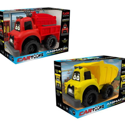 Set of 2 Interactive Toy Trucks with Projector Screen Faces - Fire, Trash, and Dump Truck Styles