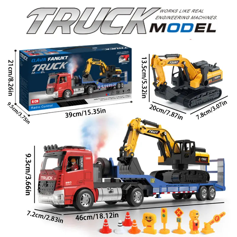 Unisex RC Semi Truck & Excavator Toy Kit, 6-Channel 2.4GHz Flatbed Trailer Set