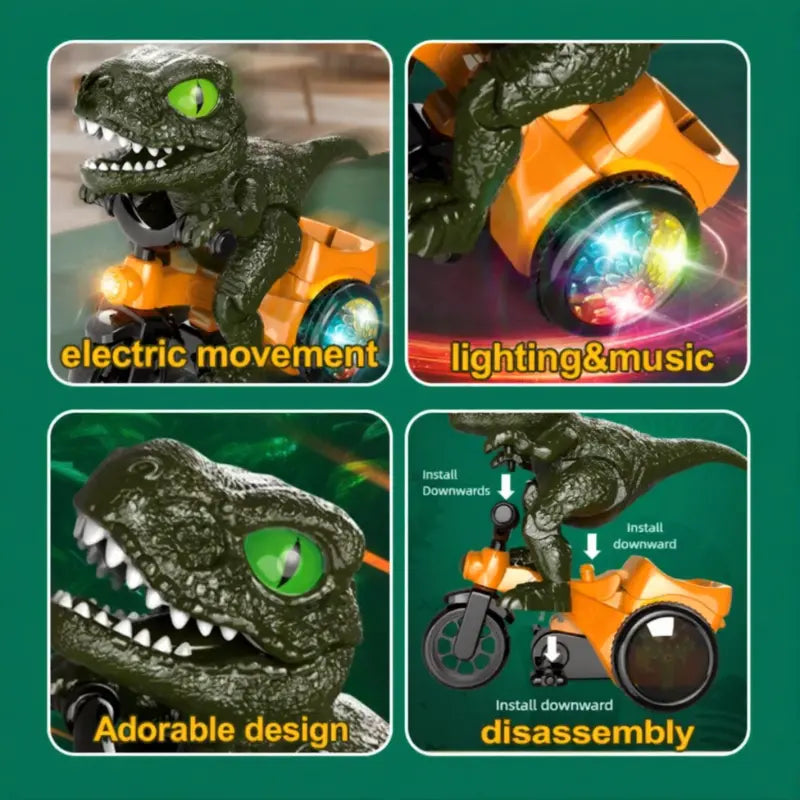 Interactive Electric Dinosaur Tricycle Stunt Toy with Music and Colorful Rotating Lights