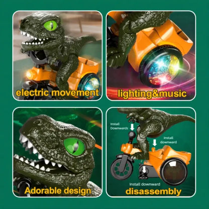 Interactive Electric Dinosaur Tricycle Stunt Toy with Music and Colorful Rotating Lights