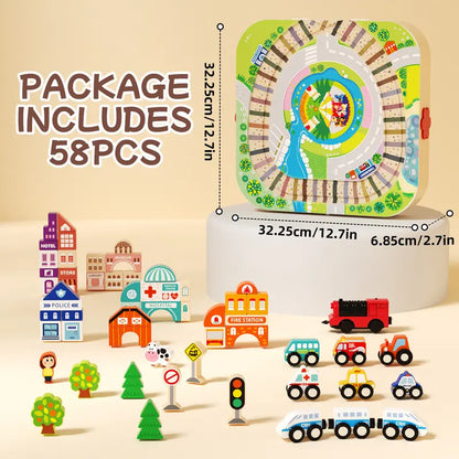 Wooden Track City Blocks Set with Magnetic Trains and Geometric Building Kits for Kids