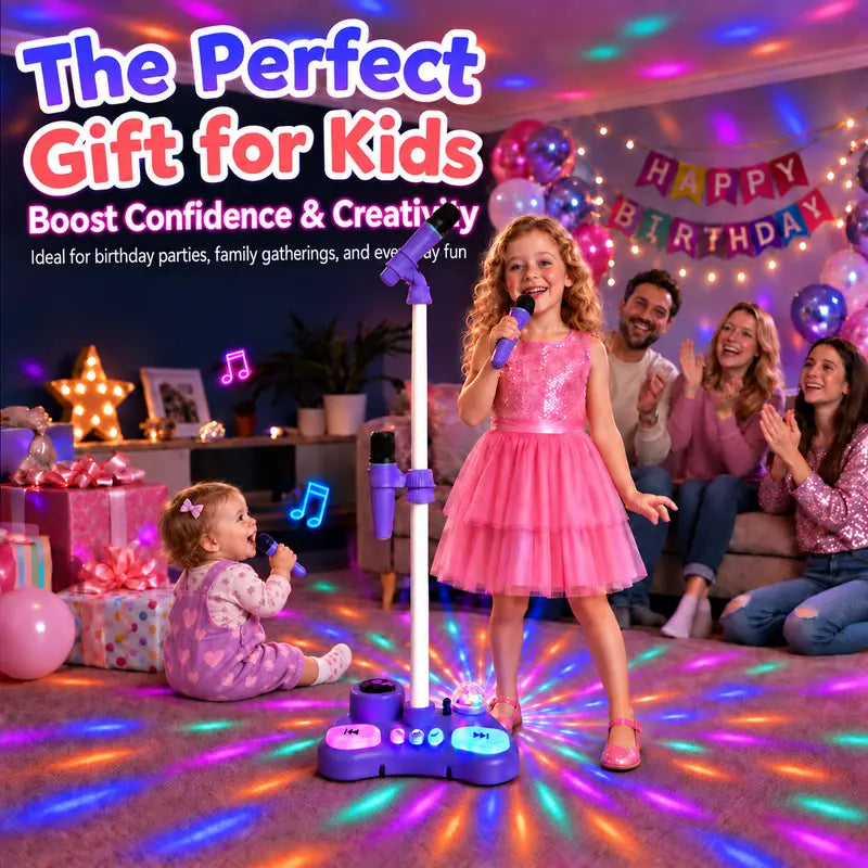 Kids Standing Karaoke Machine with 2 Microphones, Disco Lights, and Adjustable Stand