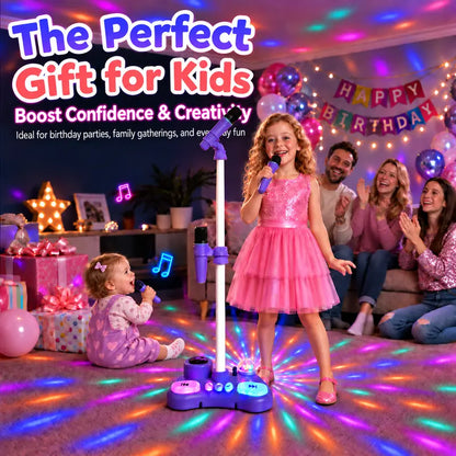 Kids Standing Karaoke Machine with 2 Microphones, Disco Lights, and Adjustable Stand