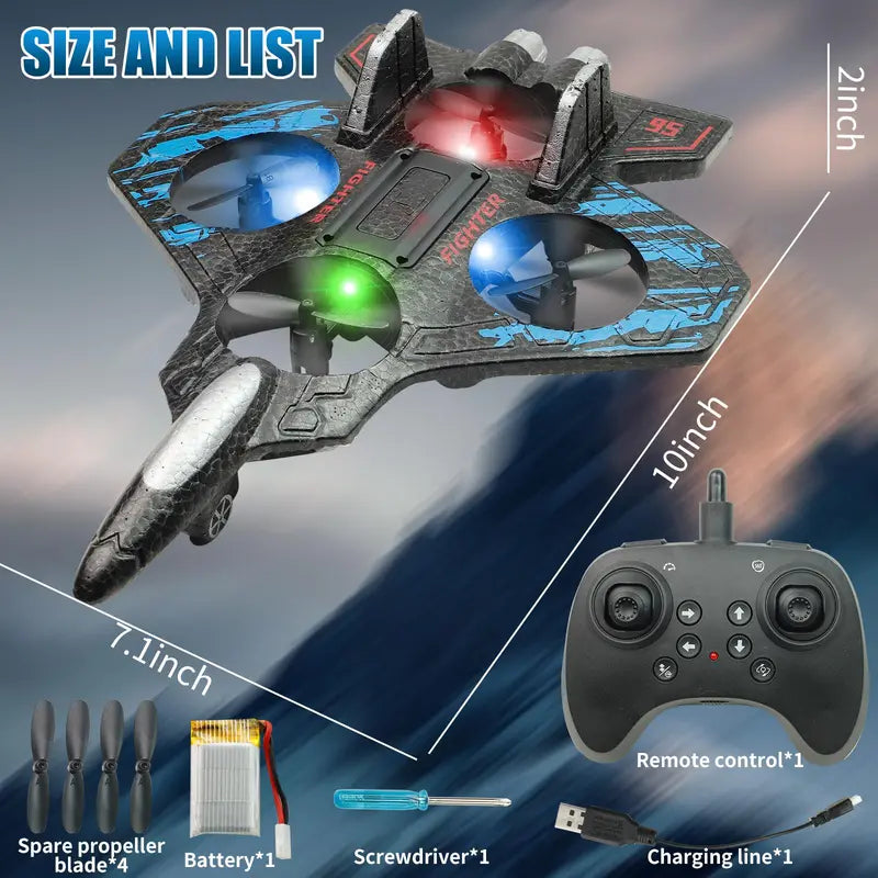 Remote Control RC Fighter Jet Drone with 360° Flips, LED Lights and Vertical Takeoff