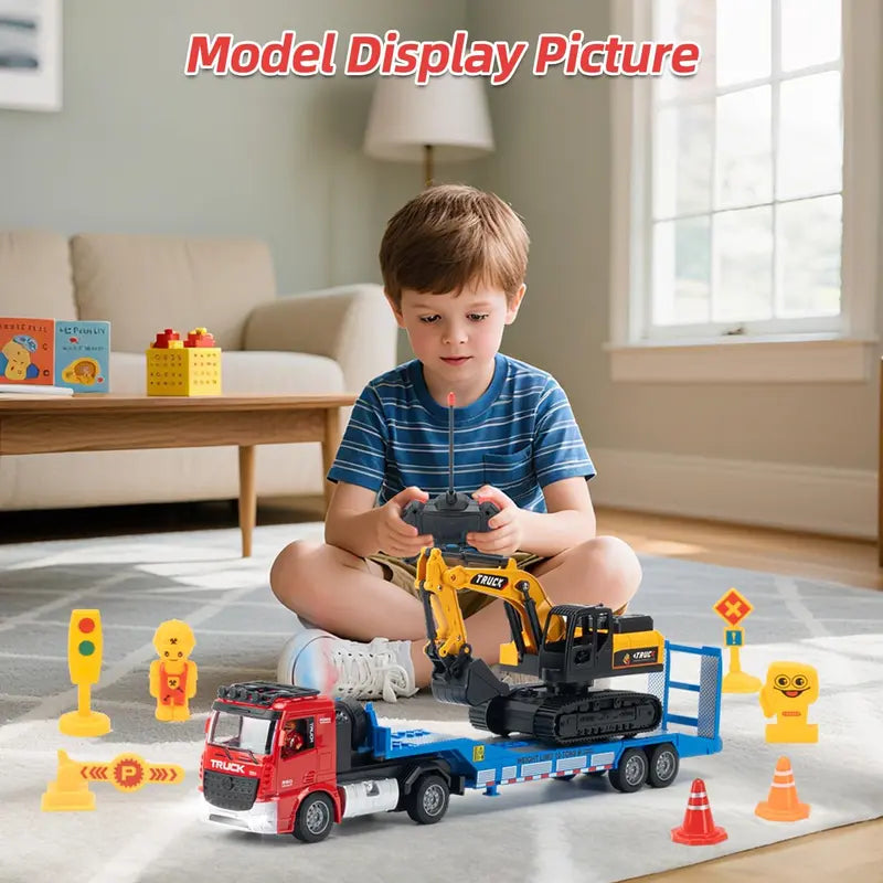 Unisex RC Semi Truck & Excavator Toy Kit, 6-Channel 2.4GHz Flatbed Trailer Set