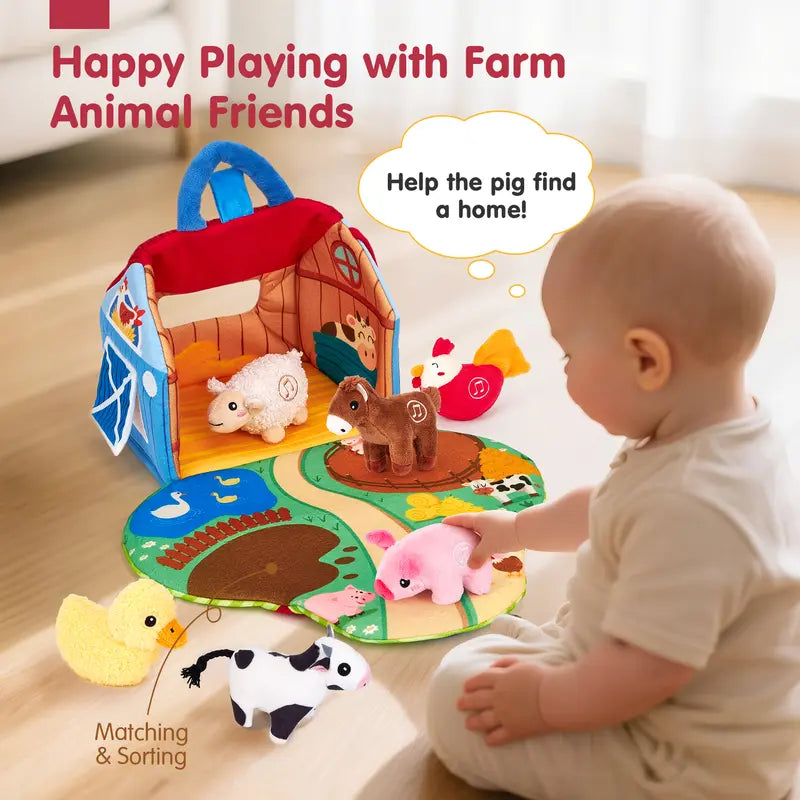 Surprise Barn Playset with Stuffed Farm Animals & Real Sounds - Montessori Sensory Toy for Toddlers