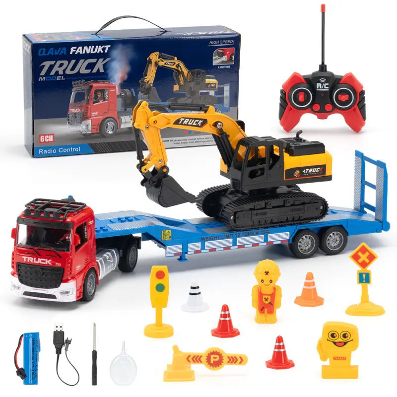 Unisex RC Semi Truck & Excavator Toy Kit, 6-Channel 2.4GHz Flatbed Trailer Set
