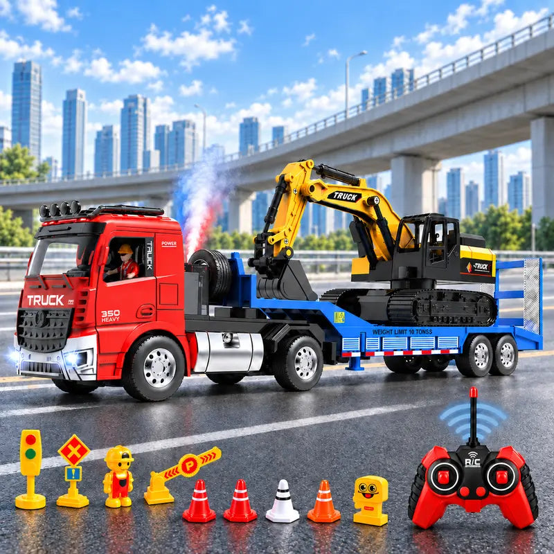 Unisex RC Semi Truck & Excavator Toy Kit, 6-Channel 2.4GHz Flatbed Trailer Set