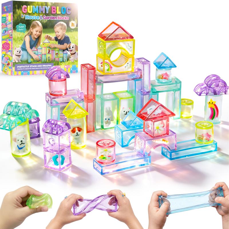 Gummy Building Blocks - Squishy Multi-color Stacking Sensory Toy for Early Learning and STEM