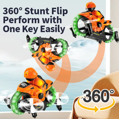 2-in-1 RC Flying Motorcycle Drone with 360° Stunts, LED Lights and Dual Mode
