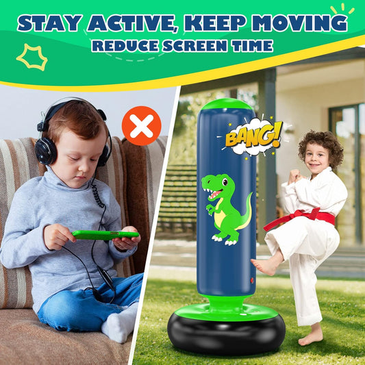 48 Inch Inflatable Dinosaur Punching Bag with Boxing Gloves for Kids Ages 3-8