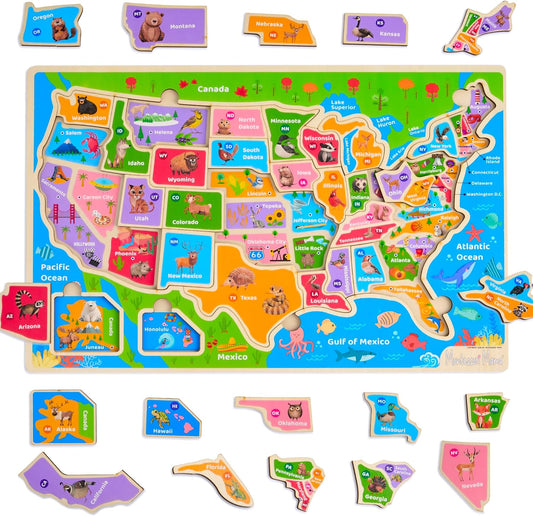 USA Map Wooden Puzzle for Kids Ages 4-8, Educational Geography Toy with Landmarks and Capitals
