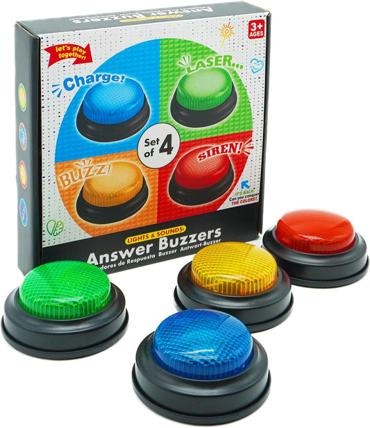 Set of 4 Game Buzzers for Trivia, Classroom Answer Buttons with Lights and Sound
