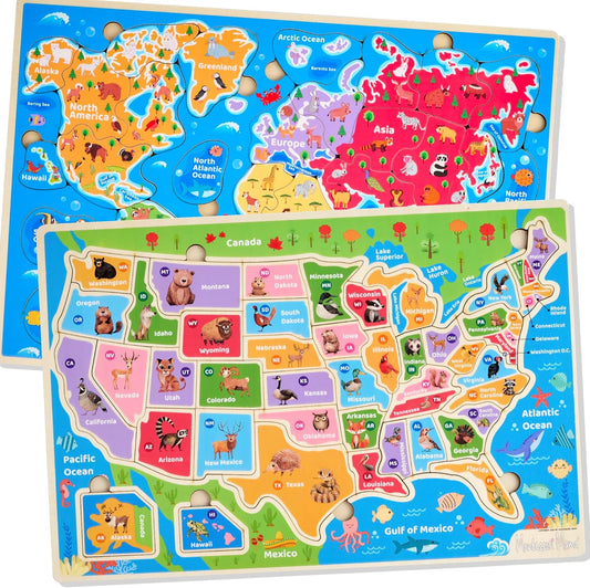 Wooden Geography Puzzles for Kids Ages 4-6, USA States and World Continents Combo Set