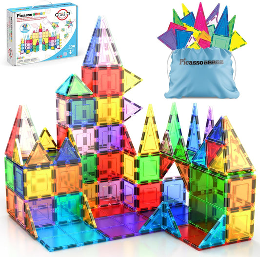 PicassoTiles 100 Piece Set 100pcs Magnet Building Tiles Clear Magnetic 3D Blocks Construction Playboards, Creativity Beyond Imagination, Inspirational, Recreational, Educational Conventional