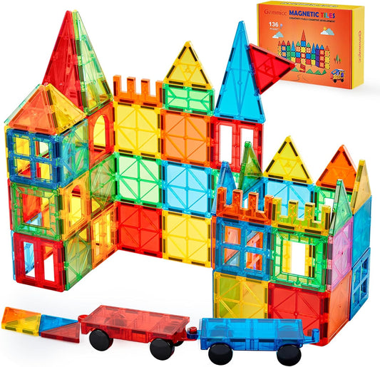 Deluxe 136 PCS Magnetic Tiles Building Blocks Set with 2 Cars for Kids