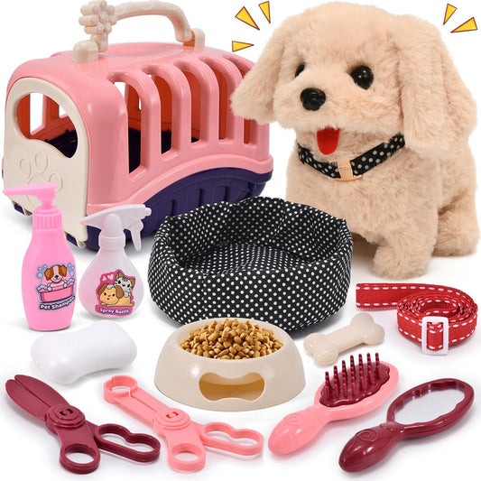 13Pcs Walking Barking Electronic Stuffed Dog Toy Set with Carrier and Accessories