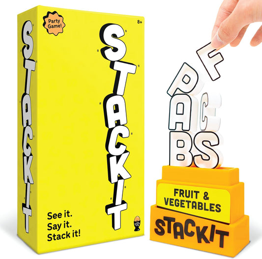 Stack It – Hilarious Stacking Family Games for Kids and Adults | 160 Categories, 20 Letters, Timer & Base