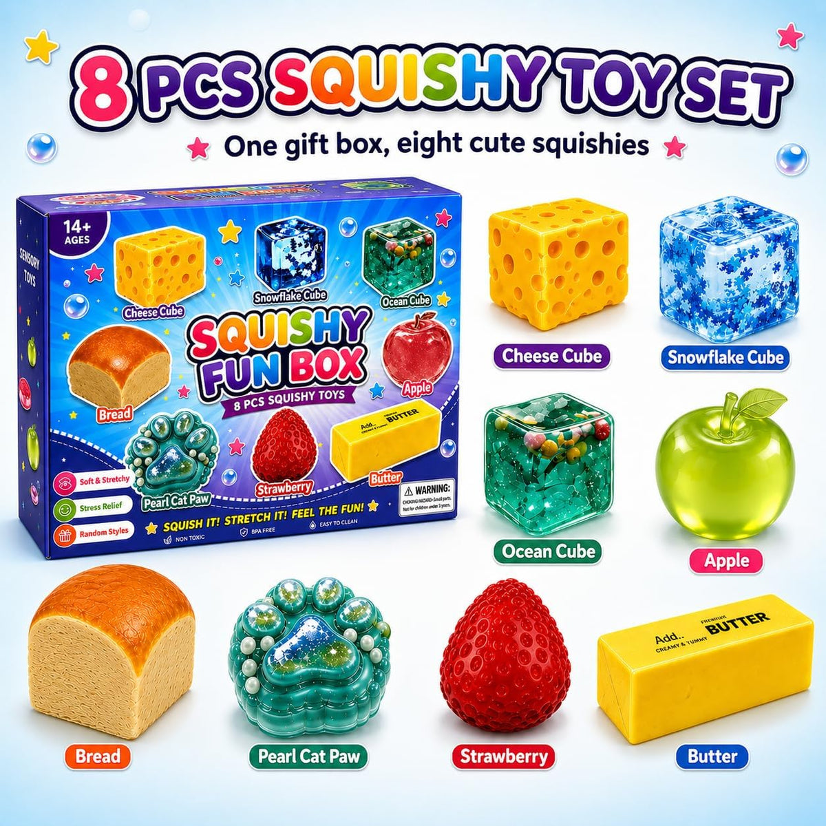 8PCS Squishy Box Mystery Fun Set, Malt Sugar Slow Rebound Stress Relief Toys for Adults
