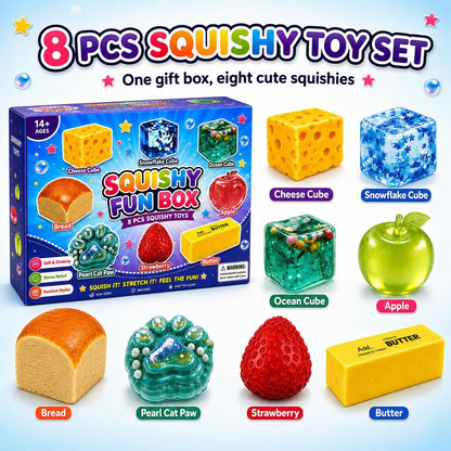 8PCS Squishy Box Mystery Fun Set, Malt Sugar Slow Rebound Stress Relief Toys for Adults