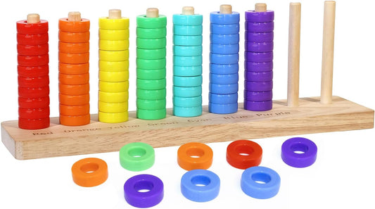 Wooden Color Sorting Stacking Game - 7 Colors Ring Challenge Puzzle for Kids