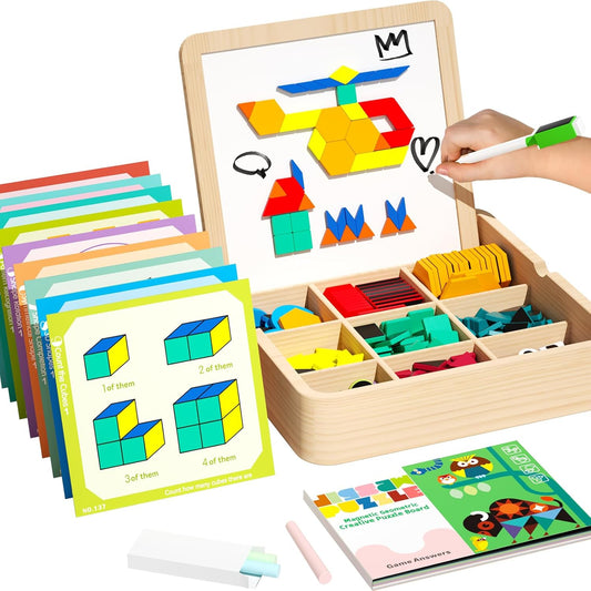 Wooden Magnetic Pattern Block Set with Cards & Pen, 248 Pcs Montessori Creative Magnetic Puzzle Toys for Toddlers 4-8, Learning Educational STEM Tangrams for Kids Boys Girls 4 5 6 7 8