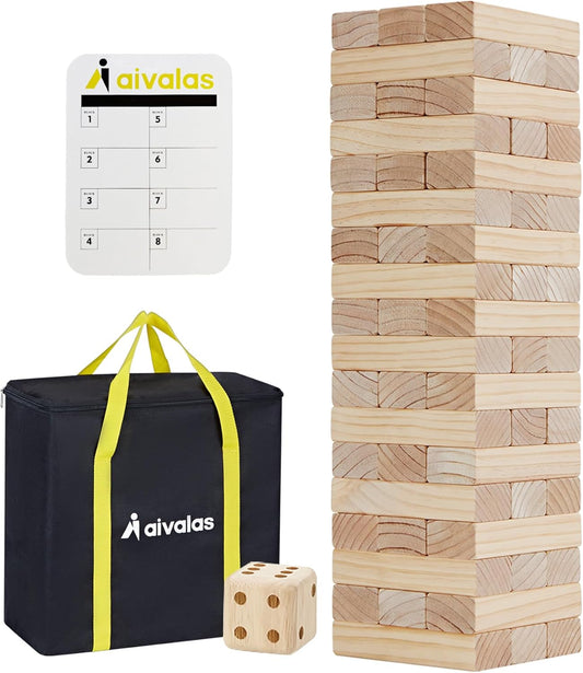 Giant Timber Blocks Game, 54 Large Pine Wood Stacking Blocks with Carry Bag and Scoreboard