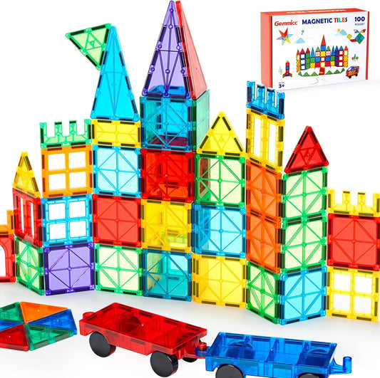 100 PCS Magnetic Tiles with 2 Cars, STEM Approved Educational Magnet Building Toys for Kids