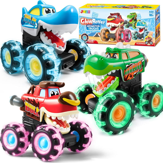 3 Pack Motion Activated Light Up Monster Trucks with LED Wheels - Press & Go Dinosaur Toy Cars for Toddlers