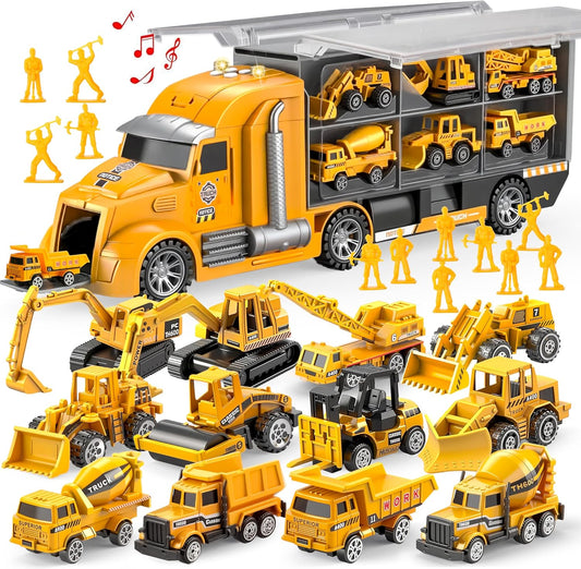 25-in-1 Construction Truck Toy Set with 12 Vehicles & 12 Worker Figures