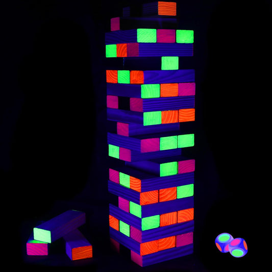 54 Piece Glow Tumble Tower Board Game with Blacklight Lamps for Family Night