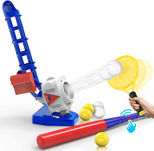 2 in 1 Kids Pitching Machine - RC Baseball and Tennis Pitcher with Auto Launching Bat