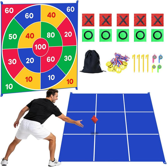 2-in-1 Giant Tic Tac Toe and Bean Bag Toss Game Set, 4.5FT Double-Sided Outdoor Mat