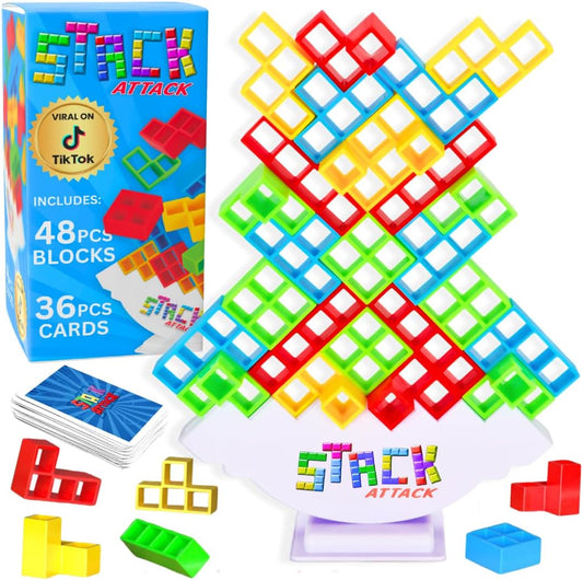 Tower Stacking Game - Fun Balance Building Blocks for Kids & Adults, Family Night Gift Set with 48 Pcs & 36 Cards