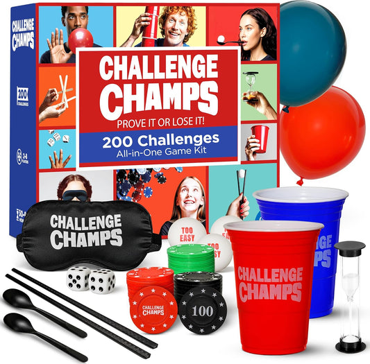 Action Party Game - 200 Skill Challenges for Team Building and Family Game Night with 10+ Accessories