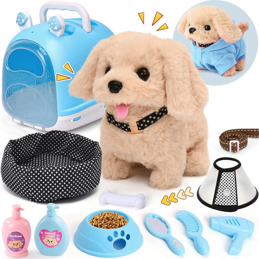 14pcs Robot Dog Toy Set for Kids, Realistic Electronic Plush Puppy with Walk & Bark Functions