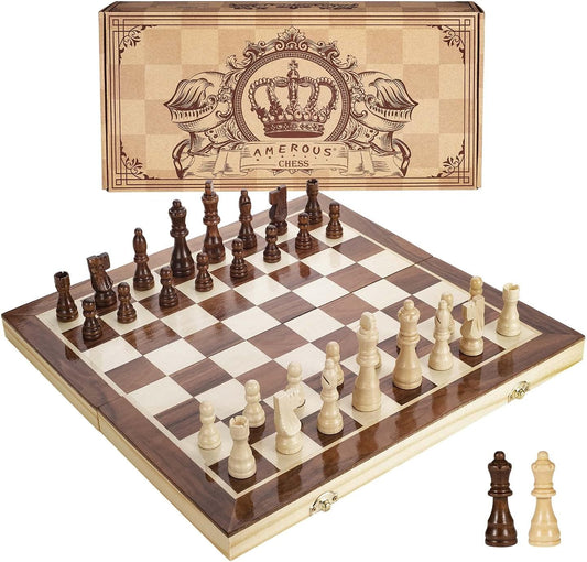 AMEROUS 15 Inches Magnetic Wooden Chess Set - 2 Extra Queens - Folding Board - Pieces Storage Slots, Handmade Portable Travel Chess Game - Beginner Chess Set for Kids, 6 up Age