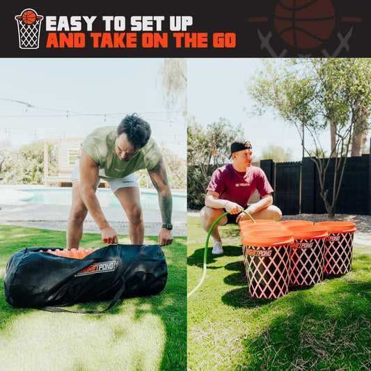 Giant Yard Pong and Basketball Game with 12 Buckets, 2 Balls, Carrying Bag, and Air Pump
