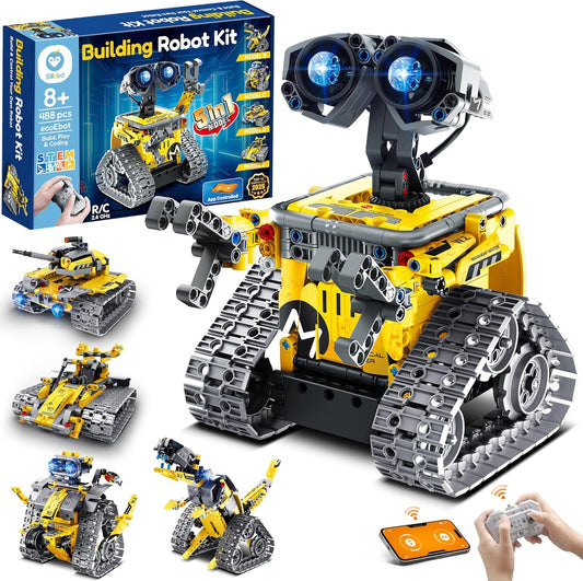 5-in-1 Robot Building Kit with Remote Control, STEM Coding Toy for Boys 8-13, 488 Pieces