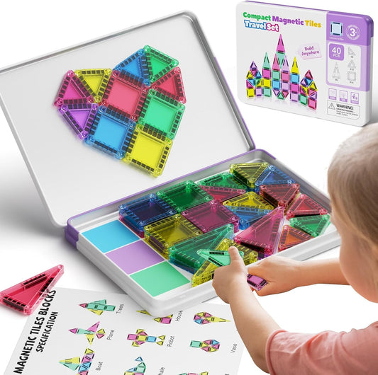Mini Magnetic Tiles Building Blocks 40PCS - Montessori Educational Magnet Travel Construction Set with Iron Storage Box, Airplane Activities Toys, Toddler Birthday Gift for Boys & Girls Ages 3-8