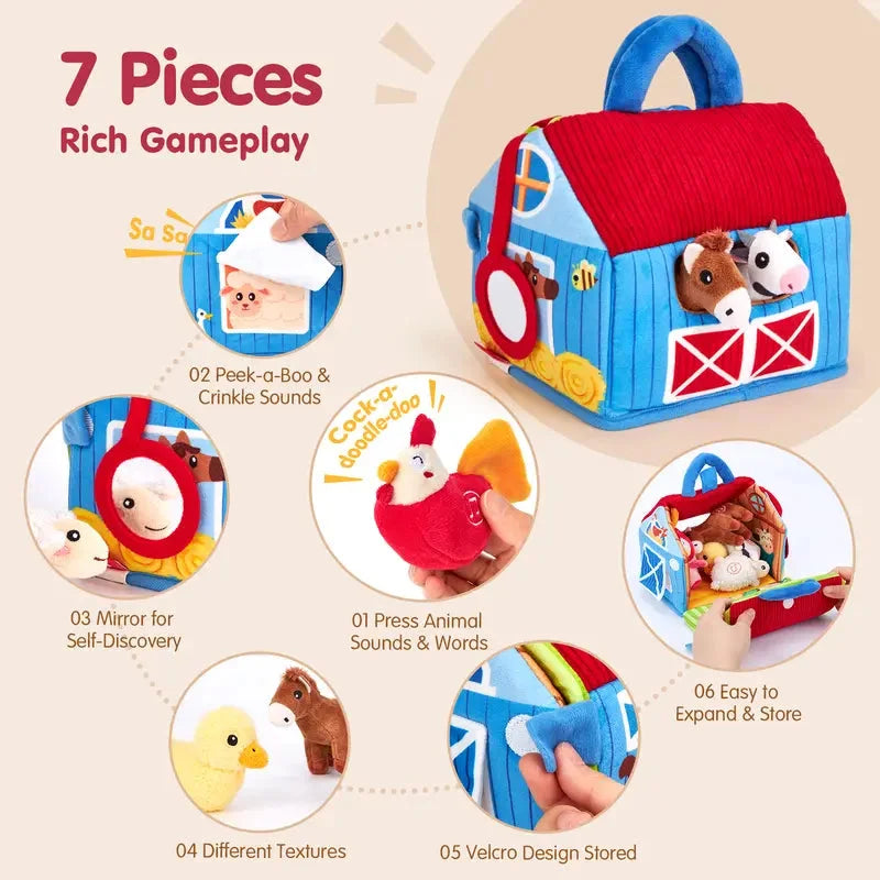Farm feature diagram showing press points, fabric textures and an opening barn carrier